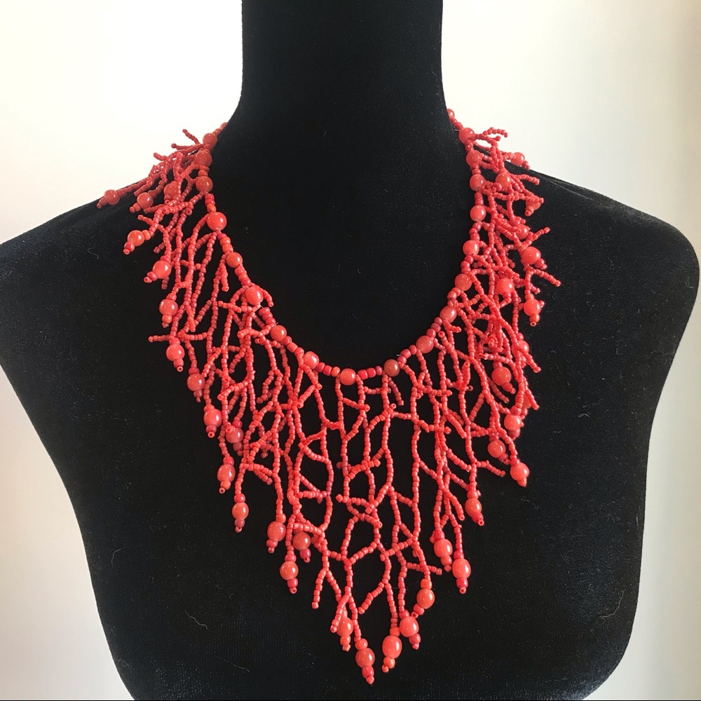 Hand Crafted Coral Beaded Statement Necklace